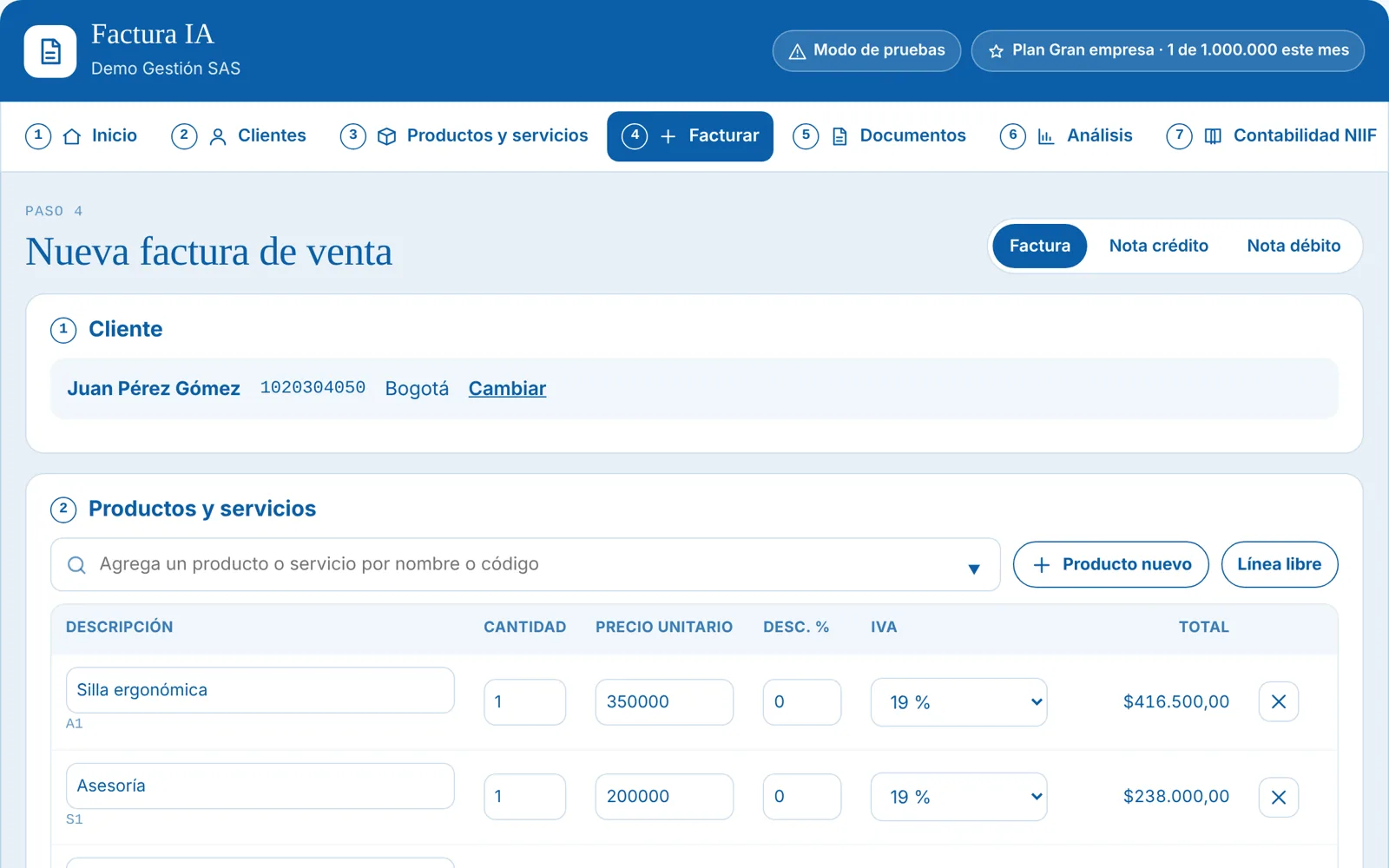 Nueva factura de venta en Factura IA con productos e impuestos