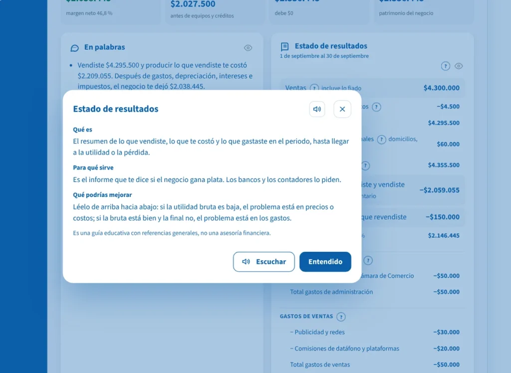 Mi Negocio IA: estados financieros que se entienden (datos de ejemplo)